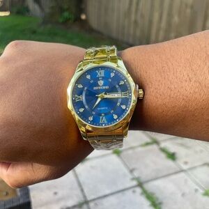 BINBOND Gold Tone Blue Dial Quartz Watch | Luxury Look | New in Box/Xtra Battery